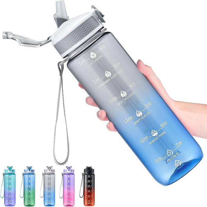 Hyeta Plastic Water Bottle With Straw & Time Marker, 32oz Leakproof Jug | Motivational Tritan BPA Free Gym Office Outdoor Intake Tracker Hourly Reminder Straw Lid Lightweight