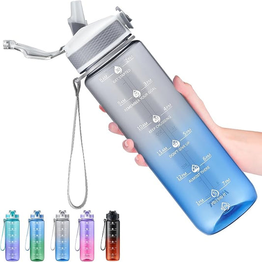 Hyeta Plastic Water Bottle With Straw & Time Marker, 32oz Leakproof Jug | Motivational Tritan BPA Free Gym Office Outdoor Intake Tracker Hourly Reminder Straw Lid Lightweight