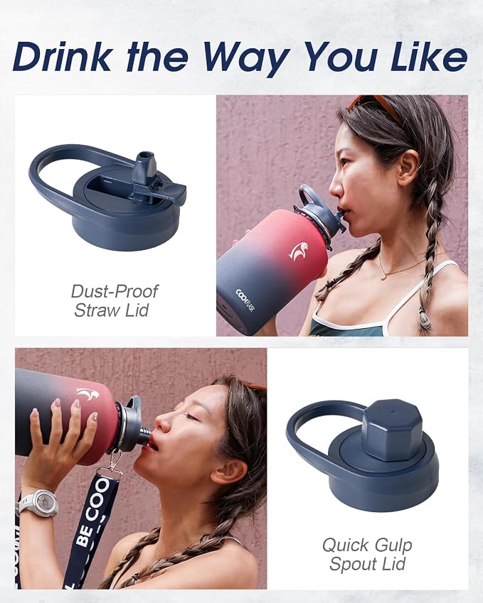 Coolflask Half Gallon Water Bottle Insulated Stainless Steel with Strap | 64 oz Large Water Jug with Straw & Spout Lids,Triple-Wall, Cold 48+h,Dishwasher Safe, Leakproof, BPA-Free,for Gym & Hiking