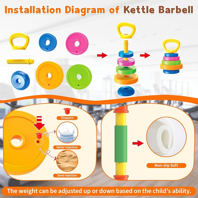 6-in-1 Kids Weight Set, Kids Workout Equipment, Kid exercise equipment Toys | Kids Adjustable Dumbbell, Barbell, Kettlebell, Push-Up ,Ring. Fitness Play Gym Toys Set Gift Small Weights for Kids Boy Girl