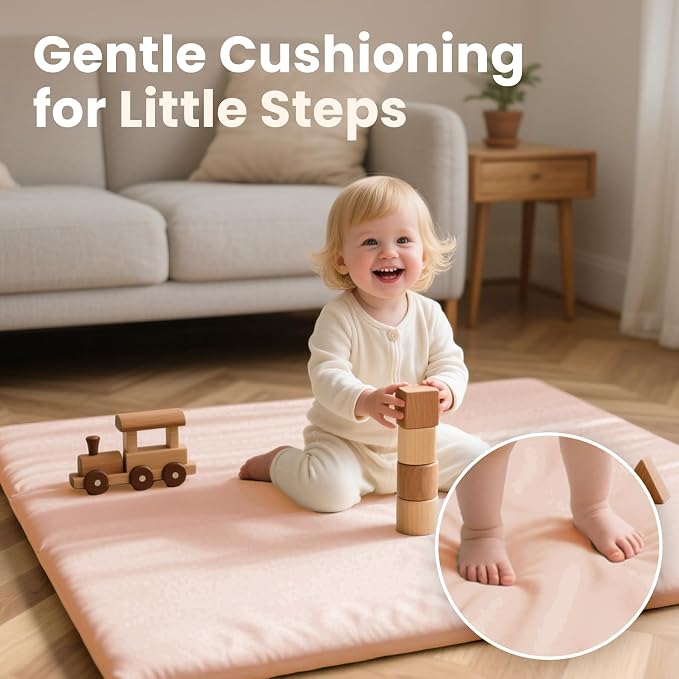 Huloo Sleep Baby Play Mat 50x50 Inches, 1.3" Thick Padded Waterproof Floor Cushion & Playpen Mat with Vegan Leather, Non-Slip & Non-Toxic Nursery Rug for Infants, Toddlers & Kids(Pink)