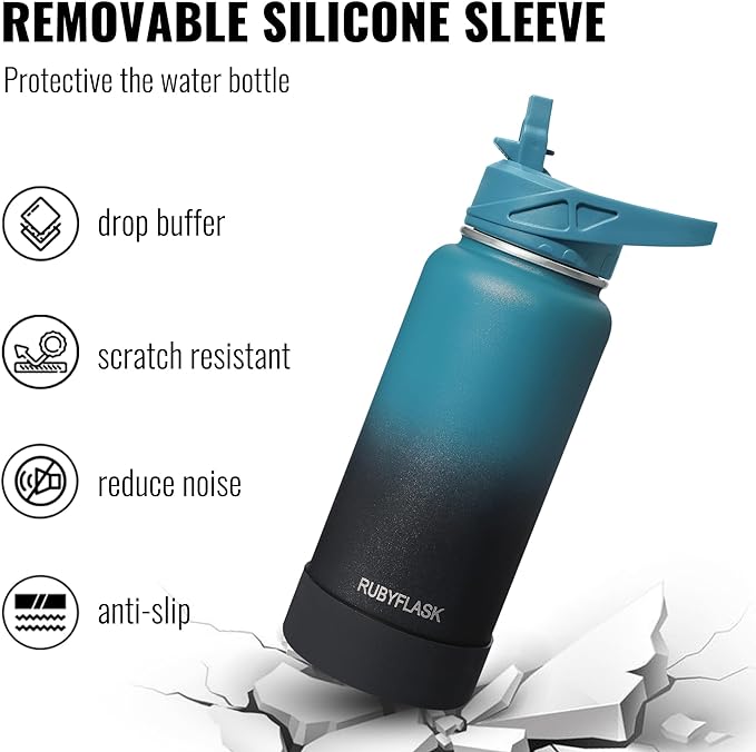 RUBYFLASK 40oz Insulated Water Bottle with Straw, Stainless Steel Metal Vacuum Water Flask, Large Thermal Water bottle with Leakproof 3 Lids for Travel, Camping, Gym Sports Indigo Black | 3 Lids, Wide Mouth, Metal Vacuum Leakproof Water Jug Flask and H...