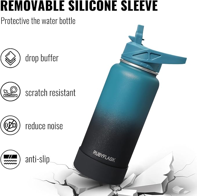 RUBYFLASK 32 oz Insulated Stainless Steel Water Bottle with Straw | 3 Lids, Wide Mouth, Metal Vacuum Leakproof Water Jug Flask and Handle, Large Thermal Cup with Silicone Boot, Dark Rainbow