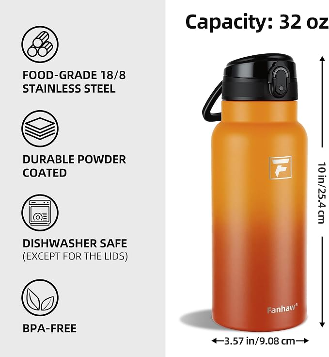 Fanhaw 32 Oz Insulated Stainless Steel Water Bottle with Chug Lid – Wide Mouth, Leak-Proof, BPA-Free – Ideal for Kids, Adults, Sports, Gym, and Outdoor Use (Yellow Orange)