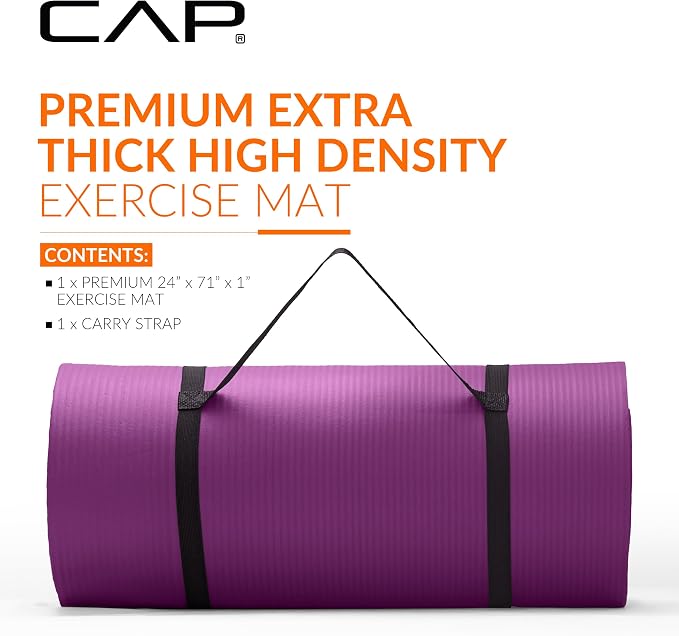CAP Barbell 1-Inch High Density Exercise Yoga Mat with Strap | Multiple Colors