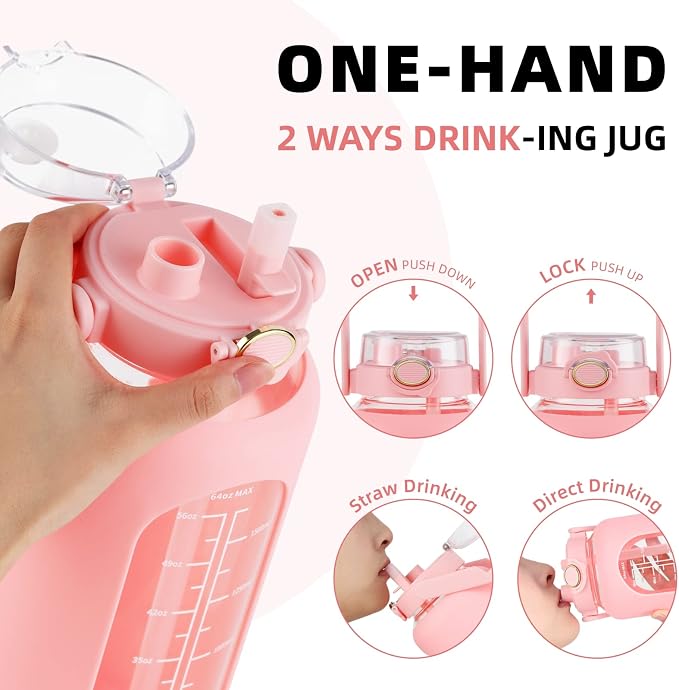 74oz Glass Water Bottle with 2-in-1 Straw Lid Large Gallon Water Bottle with Time Marker & Removable Silicone Sleeve,Wide Mouth BPA-Free Borosilicate Bottle for Gym, Workout & Daily Use