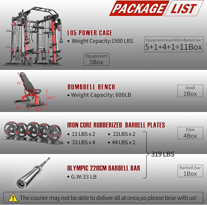 Smith Machine，Multi-Function Squat Rack Power Cage with Cable Crossover System,with Optional Weight Bench, Olympic Barbell Weight Set, for Home Gym