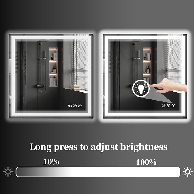 Koonmi 28x28 LED Bathroom Mirror with Light, Anti-Fog, 3 Colors | Backlit + Front Lit, Dimmable Brightness, Shatterproof HD Distortion-Free Tempered Glass, Hardware Included