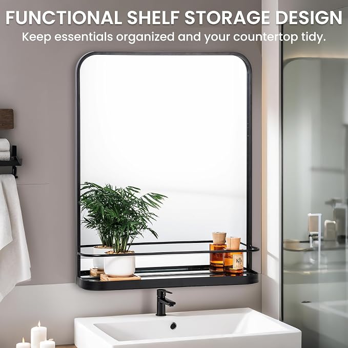 VASUHOME Black Bathroom Mirror with Shelf - Bathroom Vanity Mirror with Metal Frame with Rounded Corners - 26.8" x 21.3" - Perfect for Living Room, Bedroom, Bathroom, Entryway