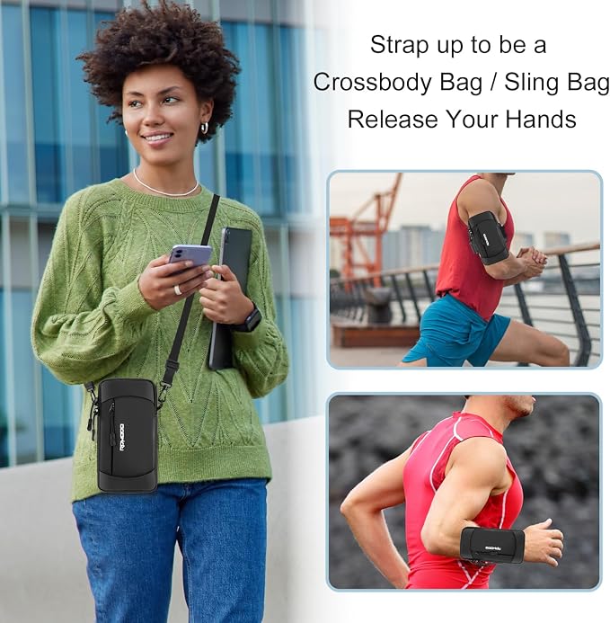 Running Armband Phone Holder with Crossbody Strap, 7.5 Inch Black | Water Resistant, Arm Band for Phone for Running Walking, Adjustable Crossbody Shoulder Bag for iPhone 17 16 Samsung Galaxy
