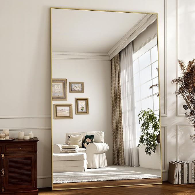 Easly Full Length Mirror with Stand 46"x76" Full Body Mirror Floor Mirror Standing Hanging or Leaning Wall, Wall Mirror with Stand Aluminum Alloy Frame for Living Room Bedroom Cloakroom,Gold