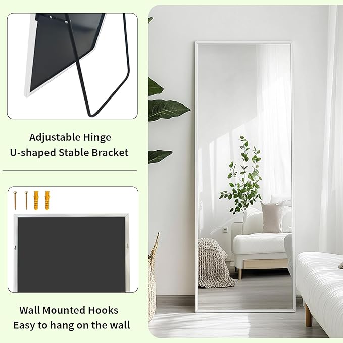 48x16 inch White Full Length Mirror, Floor Mirror with Stand | Matte White Metal Frame, No Distortion, High Definition, White Body Mirror for Bedroom, Living Room, Entryway, Bathroom