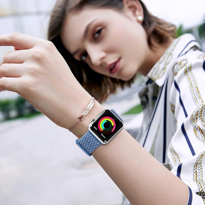 Sport Loop Band Compatible with Apple Watch Band 38mm 40mm 41mm 42mm 44mm 45mm iWatch Series 7 6 5 SE 4 3 2 1 Strap, Nylon Weave Women Men Stretchy Elastic Braided, 42 44 45mm Cape Cod Blue | Braided Nylon Band for Apple Watch 42mm 44mm, Adjustable Com...