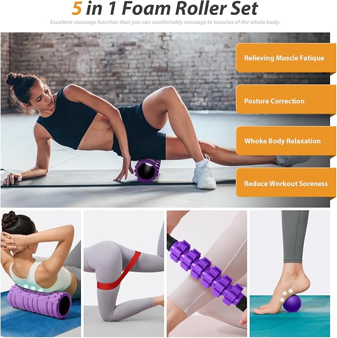 SUBCULTUREPICK 5 in 1 Foam Roller Set for Deep Tissue Muscle Massage | High Density Trigger Point Fitness Patented Exercise Roller, Muscle Stick, Massage Ball, Stretching Strap, for Whole Body