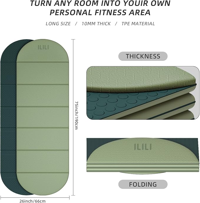 ILILI Foldable Yoga Mat-Semicircular, 10mm Thick, TPE Material, Extra Long 75"L x 26"W, Soft and Comfortable Folding Oval Mat 0.4 Inches, Easy to Carry and Store, 190*66cm Portable Multi-Functional Use for Yoga, Home Exercise & Outdoor