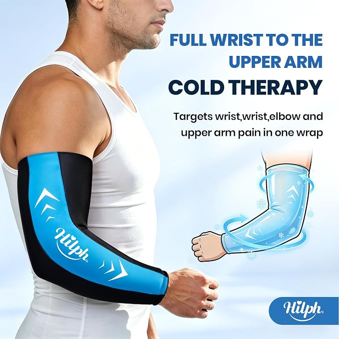 Hilph Full Arm Elbow Ice Pack Sleeve for Pitchers, Extended-Length Design | Reusable Hot Cold Compression Gel Ice Wrap for Tennis Elbow, Golfers Arm, Tendonitis, Carpal Tunnel, Sports Recovery, Medium