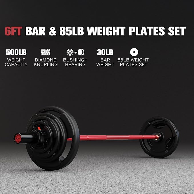 RitFit Barbell Weight Set - 4/6FT Olympic Barbell with Weight Plates (55-115LB Total) - Weightlifting Equipment for Squats, Curls, Deadlifts, Presses, Hip Thrusts