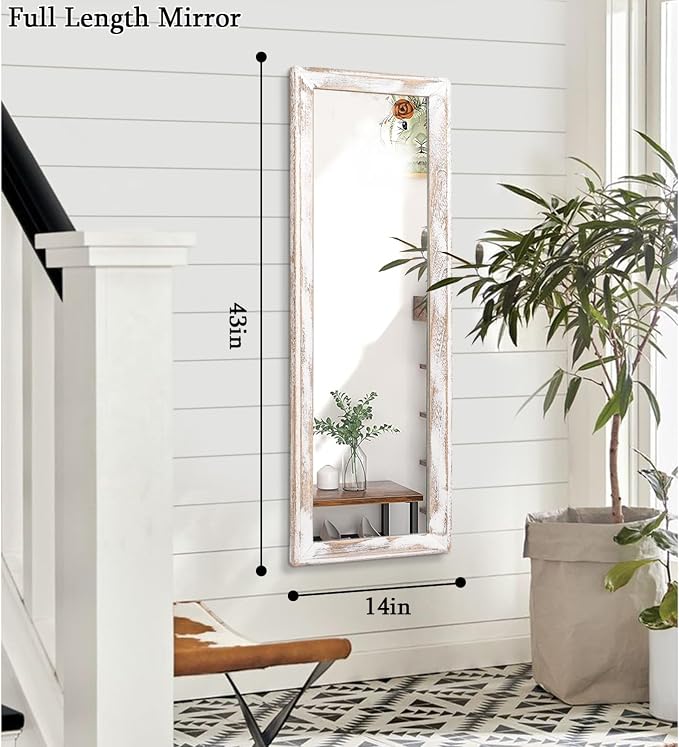 AAZZKANG Wall Mirror Full Length Rustic Wood Framed Large 43"x14" | Rectangular Full Body Mirrors for Bedroom Living Room Bathroom Entryway White Decorative
