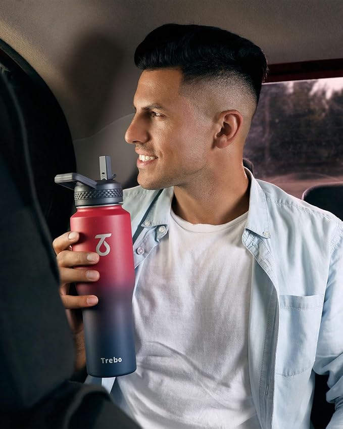 Trebo 40 oz Water Bottle Insulated Fit in Any Car Cup Holder with 2 Lids | Stainless Steel T-shape Tumbler with Paracord Handle, Triple Wall Vacuum Copper Plated, Cold 48 Hrs for Travel, Wide Mouth