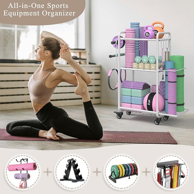 Multi-Functional Home Gym Storage Rack with Wheels and Hooks | Gym Equipment Storage for Dumbbells Kettlebells Yoga Mat, All-in-One, Space Saving, Easy to Assemble