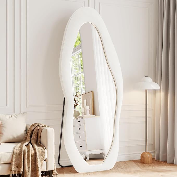 Full Length Mirror, 71"x30" Flannel Floor Mirrors with Stand | Flannel Floor Mirrors with Stand, Irregular Wavy Mirror Hanging or Leaning Against Wall for Bedroom Living Room, White