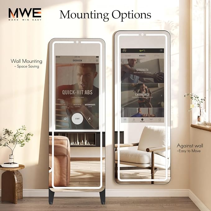 Smart Gym Mirror for Home Workout | 32" HD Touch-Screen Andriod OS | 63" Reflective Surface | No VIP Fees Support Various APPs, Music Sync LED Light Strip, for Home Gym/Yoga/Dance