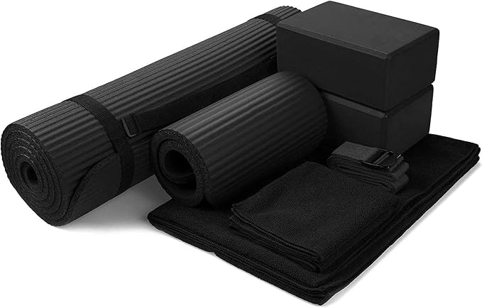 BalanceFrom 7-Piece Yoga Set with 71x24x0.5 Inches Extra Thick Mat and Carrying Sling – Includes 2 Blocks, Stretch Strap, 2 Towels, and Knee Pad for Home, Studio, and Gym Workouts