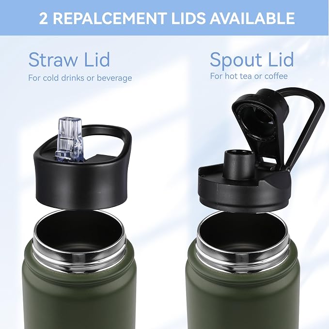 HASLE OUTFITTERS Insulated Water Bottle 22 oz Double Wall Stainless Steel Water Bottle Wide Mouth with Straw Lid & Spout Lid Keeps Cold or Hot(Army Green,4)