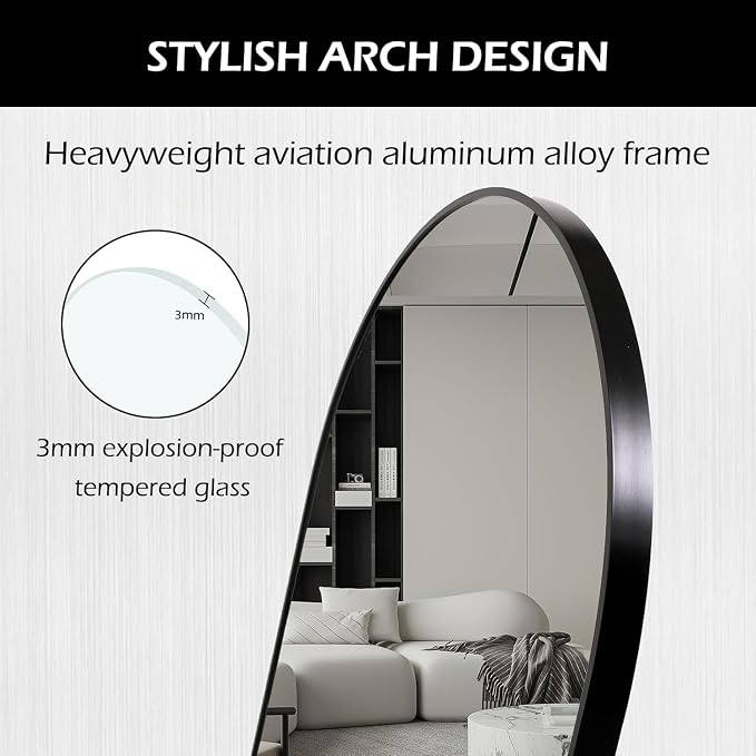 ZHUNFA Arched Full Length Floor Mirror, 64×21 Oval Full Floor Mirror | Large Wall Mounted Arched-Top Body for Living Room, Bedroom, Bathroom, Entryway, Dressing Room, black