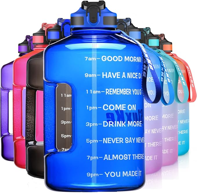 SLUXKE 1 Gallon Motivational Sports Water Bottle with Time Marker, BPA Free 128oz Leak Proof Jug, Black, Plastic, 128 ounces, Fitness, Sports, Outdoor Activities