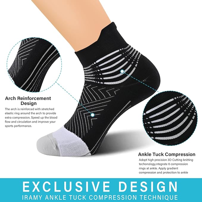 IRAMY Compression Ankle Support Socks Women - Wicking, Cushioned Athletic, Plantar Fasciitis Relief 2/3/6 Pairs