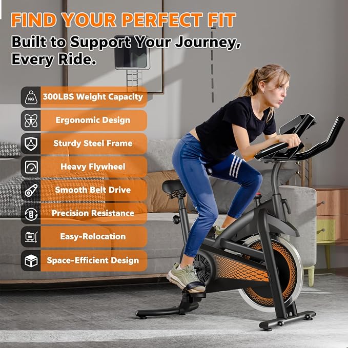Exercise Bike with Bluetooth, Wool Felt Brake Pad Stationary Bike - 300lb Weight Capacity Quiet Belt Drive Indoor Cycling Bike for Home Cardio, Adjustable Handlebar & Extra Soft Seat, Digital LED Monitor