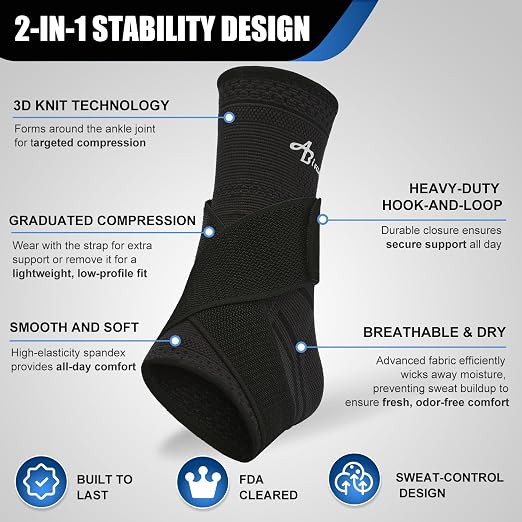 ABIRAM Ankle Brace for Men & Women - Adjustable Support & Compression Sleeve with Wrap for Sprained Ankle, Plantar Fasciitis, Achilles Tendonitis - Breathable Guard for Running, Sports, Recovery
