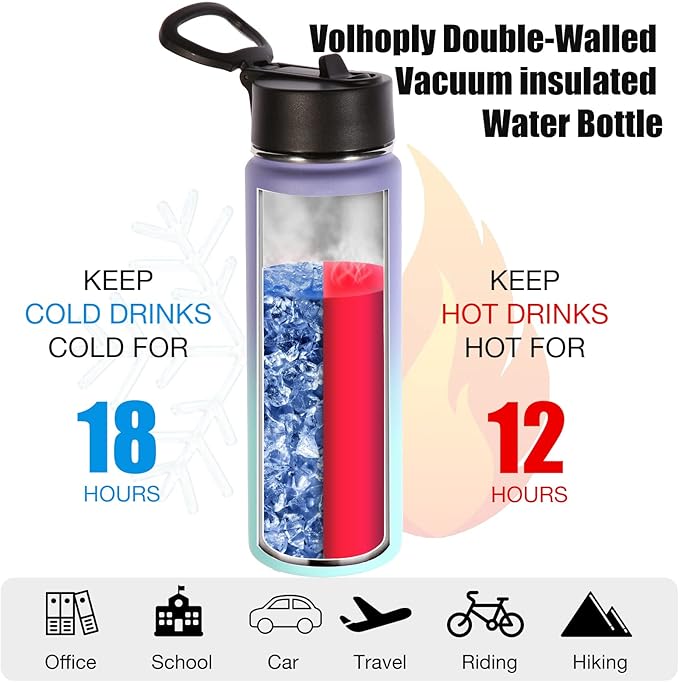 Volhoply 24 Ounce Insulated Water Bottle with Straw Lid,Stainless Steel Wide Mouth Sport Bottles with Handle,Double Wall Vacuum Cups Keep Cold,Reusable Travel Thermal Cups For Holder(Purple Blue,1)