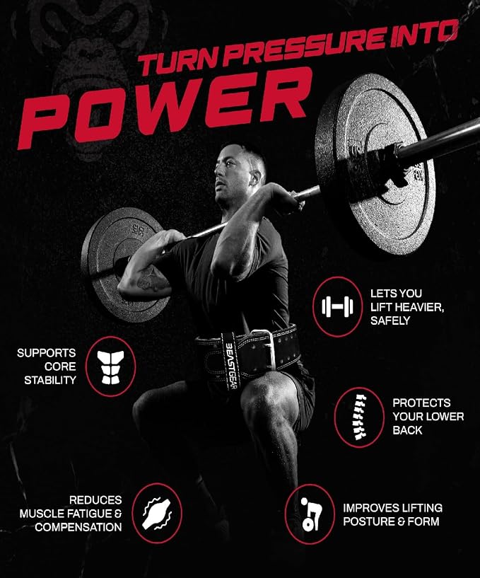 Beast Gear Weight Lifting Belt - Leather Power Lifting Belt for Men，10mm Thick Weightlifting Belt for Deadlifts, Back Support Squats Belts for Powerlifting, Crossfit Gym Belt for Men Women