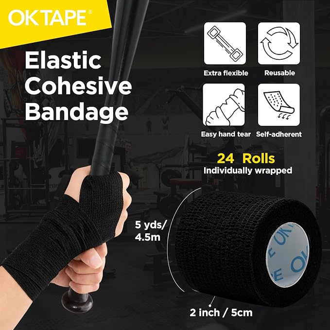 OK TAPE 24 Rolls Self Adhesive Bandage Wrap, Cohesive Elastic Athletic Tape | Vet Wrap, Sports Tape, Medical Wrap for Wrist, Feet, Self Stick Bandage Tape, 2" x 5 Yards - Black