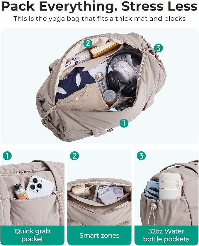 BAGSMART Reiki Gym Bag for Women Puffy Yoga Mat Travel Weekender Duffle Bag | Lint-Resistant Lining, Wet-Dry Pocket & Anti-Slip Mat Loop, Ultra-Light, Roomy for Workout Gear, Water Bottle, Travel, Sports
