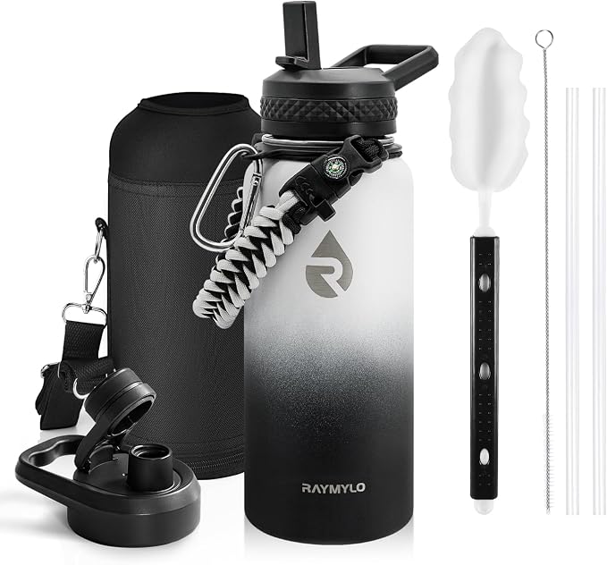 RAYMYLO Insulated Water Bottle 32 oz, Triple Wall Vacuum Stainless Steel | (Cold for 24Hrs, Hot for 12Hrs), Leak Proof & Non-BPA, Modern Water Flask Jug with Paracord Handle & Straw Spout Lids