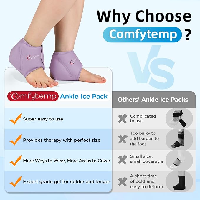 Comfytemp Ankle Ice Pack Wrap for Sprained Ankles, Plantar Fasciitis, 2pcs | FSA Eligible HSA, Foot Pain Relief, Reusable Gel Ice Cold Hot Packs Wrap for Achilles Tendonitis, Injuries, Swelling, Purple