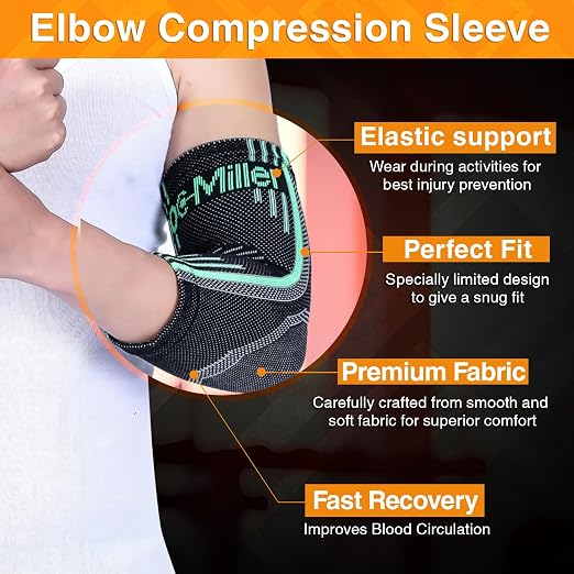 Doc Miller Elbow Compression Sleeves for Tendonitis, Women & Men, 1 Pair | Compression support, Arm Brace, Tennis Injuries, Bursitis Relief, Tendon Care, Active Use, Sports & Recovery