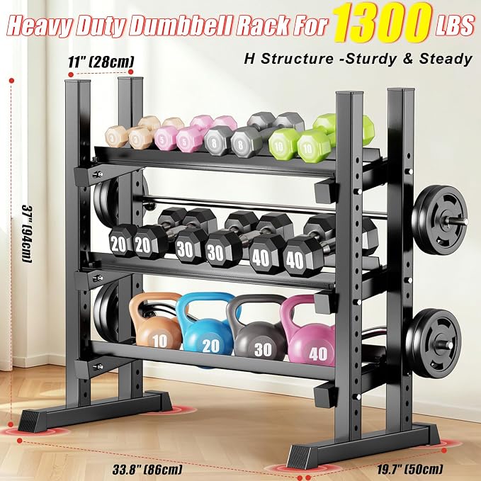 3-Tier Adjustable Dumbbell Rack, Heavy-Duty Weight Rack for Home Gym, Space-Saving Weight Storage Rack for Dumbbells, Kettlebells, Barbells & Plates (Rack Only)