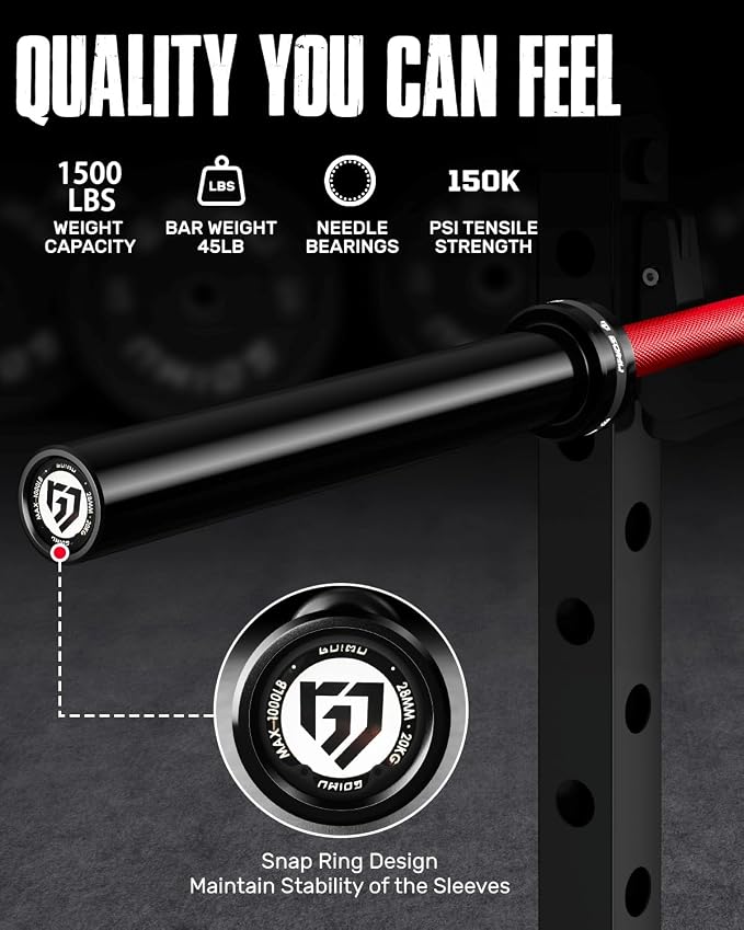 PB01 7FT Olympic Barbell, Weight Bar with Knurled Grip for Squats, Deadlifts, Weightlifting, Strength Training, Bench Press, Fits 2-inch Standard Weight Plates, 1500LB Capacity