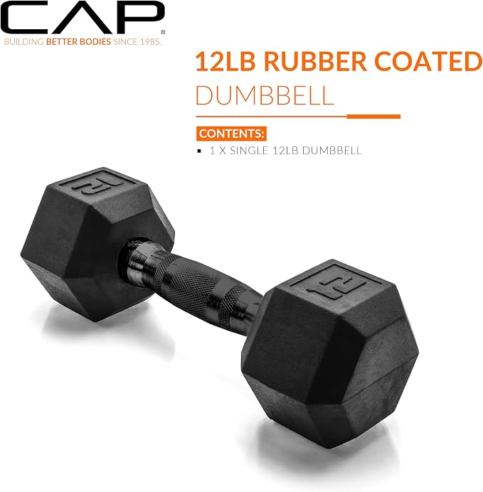 CAP Rubber Coated Dumbbell Weights, Free Weights for Home Gym Strength Training, Anti-Roll Hex Dumbbells with Black, Chrome & Comfort Grip Handles, Singles