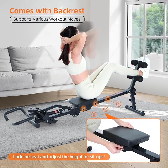 Sportneer Foldable Hydraulic Rowing Machine, 12-Level Home Gym Rower, Black | Multi Functional Row Machine with Transport Casters, Backrest, and 297lbs Max Weight Load