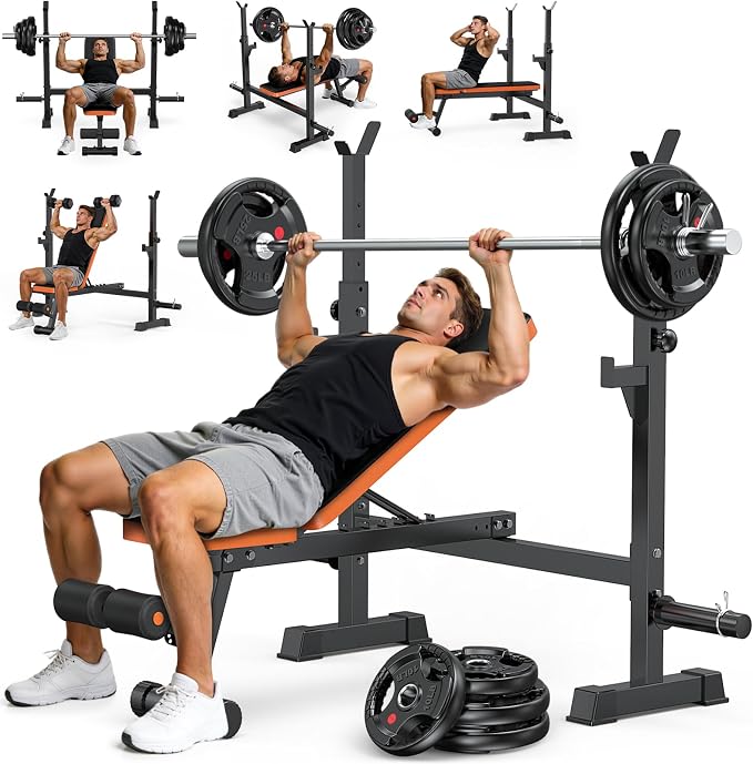 Fostoy Adjustable Weight Bench with Squat Rack & Incline Design | 770LB Heavy Duty, Flat & Incline Positions, Removable Foot Catch, Olympic Bench Press Station, Home Gym Strength Training