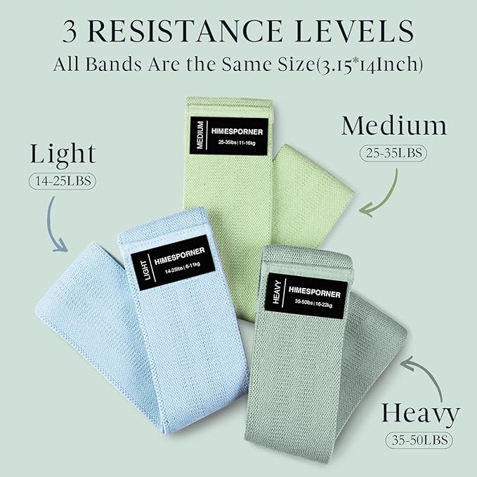 HIMESPORNER Wide Fabric Resistance Bands for Working Out 3 Level | Non-Slip Exercise Booty Bands for Women Men Leg Glutes with Hair Ties and Tape Measure - for Home Gym Workout, Yoga, Pilates