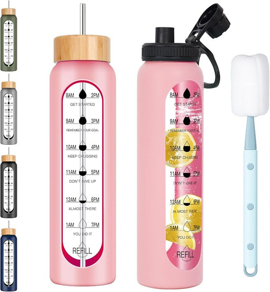 32oz Glass Water Bottle with Time Marker, 2 Lids-Handle Spout Lid & Bamboo Straw Lid, 1 Liter Motivational Borosilicate Water Bottle for Gym, Office, Travel (Pink)