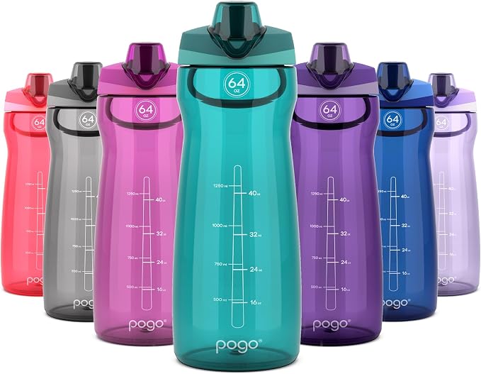 Pogo 64oz Plastic Water Bottle with Chug Lid and Carry Loop, Teal | Leakproof water bottle with chug lid and capacity markings. BPA-free, great for travel, school, outdoors, and gym.
