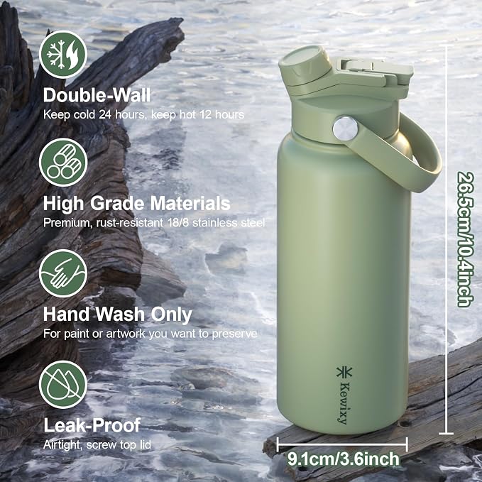 KEWIXY 32 oz Insulated Water Bottle, 2-in-1 Lid, Straw & Spout with Protected, Leak Proof, Keep Cold, Stainless Steel, Metal, Reusable, Handle, for Outdoor, Gym and School, 2 Lids, Sage Green