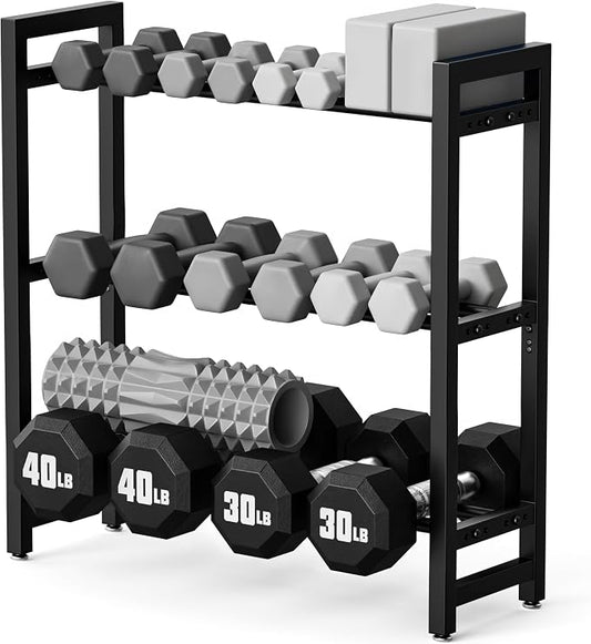 3 Tier Adjustable Dumbbell Rack - Heavy-Duty 450LB Capacity Weight Storage Stand for Dumbbells, Space-Saving Weight Rack Home Gym Organizer (Rack Only)